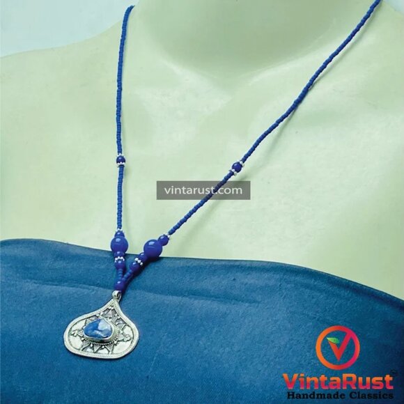 Handmade Minimalist Lapis Necklace, Beaded Chain Necklace, Handcrafted Gemstone - Picture 6 of 11